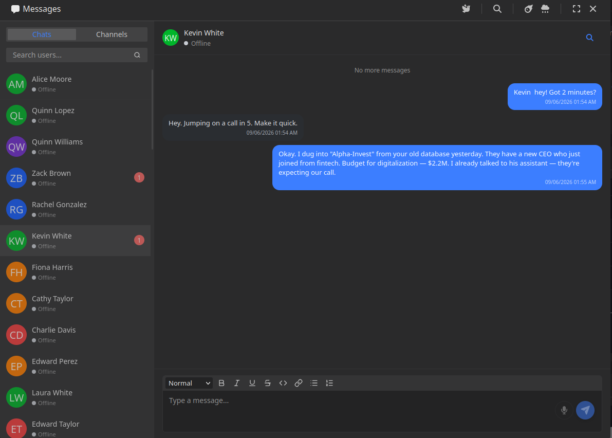 Reactive CRM real-time messenger