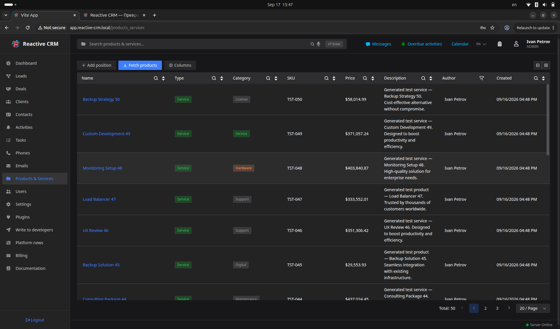 Products & Services list